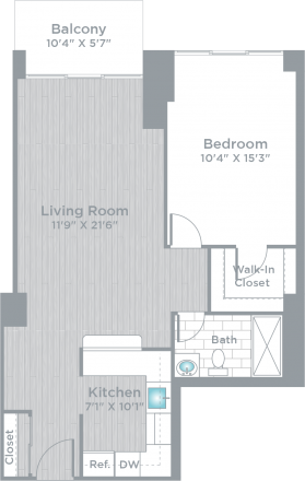 Floor plan for 1 bed, 1 bath, 670 sqft